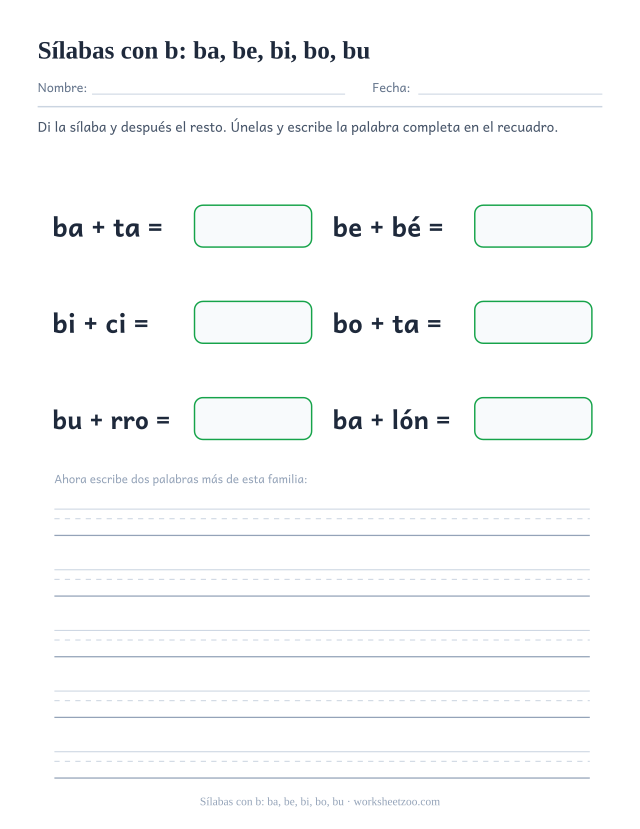 Ficha de sílabas con b: ba, be, bi, bo, bu para unir ba, be, bi, bo, bu con el resto de la palabra y formar bata, bebé, bici, bota, burro, balón