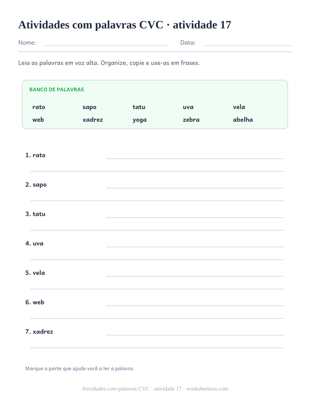 Prévia de Atividades com palavras CVC, atividade 17 para imprimir