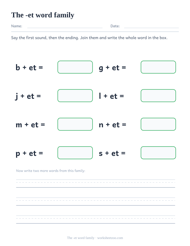 -et word family worksheet, joining b, g, j, l, m, n, p, s to the ending et to build bet, get, jet, let, met, net, pet, set
