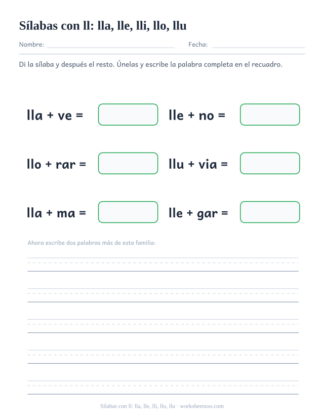 Ficha de sílabas con ll: lla, lle, lli, llo, llu para unir lla, lle, llo, llu con el resto de la palabra y formar llave, lleno, llorar, lluvia, llama, llegar
