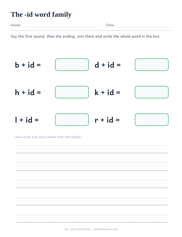 -id word family worksheet, joining b, d, h, k, l, r to the ending id to build bid, did, hid, kid, lid, rid