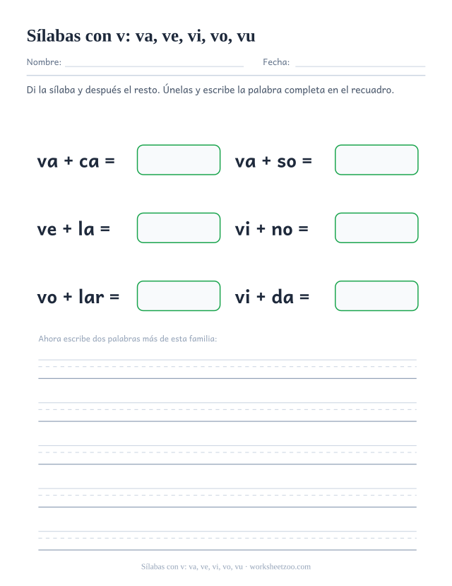 Ficha de sílabas con v: va, ve, vi, vo, vu para unir va, ve, vi, vo con el resto de la palabra y formar vaca, vaso, vela, vino, volar, vida