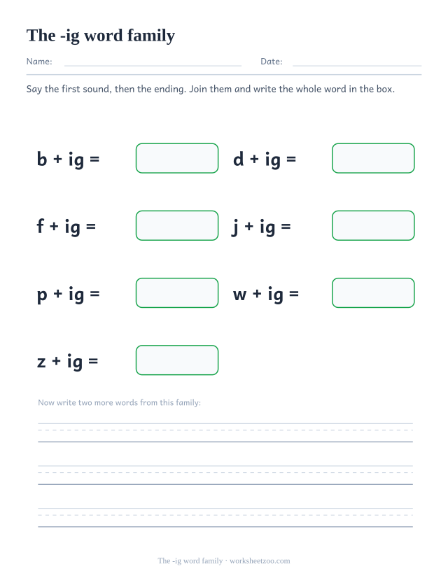 -ig word family worksheet, joining b, d, f, j, p, w, z to the ending ig to build big, dig, fig, jig, pig, wig, zig