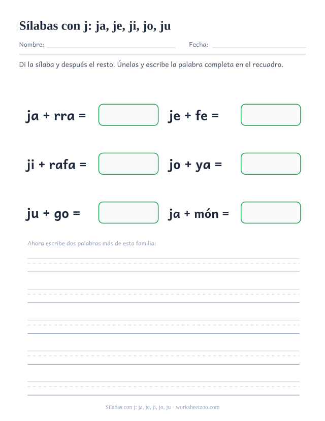 Ficha de sílabas con j: ja, je, ji, jo, ju para unir ja, je, ji, jo, ju con el resto de la palabra y formar jarra, jefe, jirafa, joya, jugo, jamón