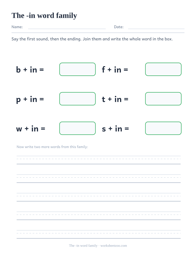 -in word family worksheet, joining b, f, p, t, w, s to the ending in to build bin, fin, pin, tin, win, sin