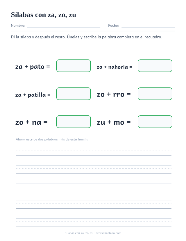 Ficha de sílabas con za, zo, zu para unir za, zo, zu con el resto de la palabra y formar zapato, zanahoria, zapatilla, zorro, zona, zumo