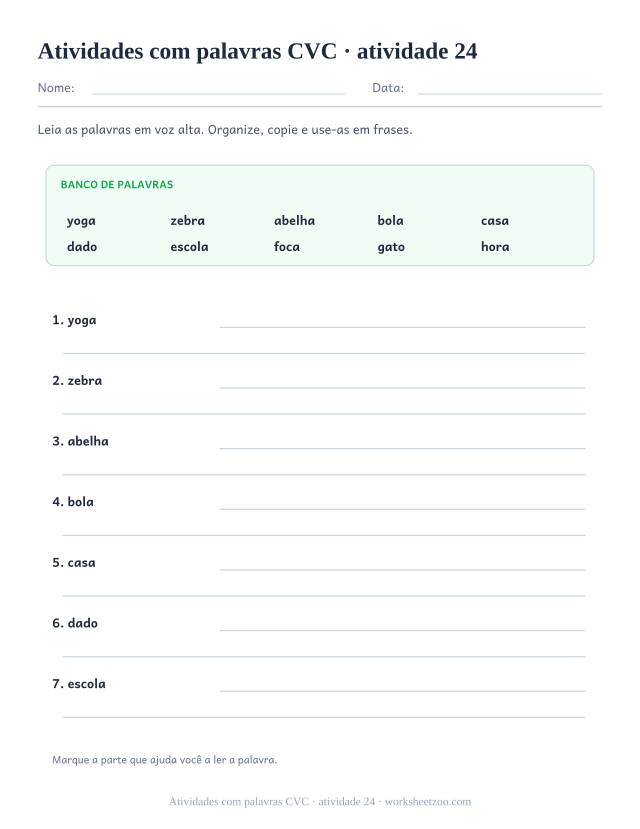 Prévia de Atividades com palavras CVC, atividade 24 para imprimir
