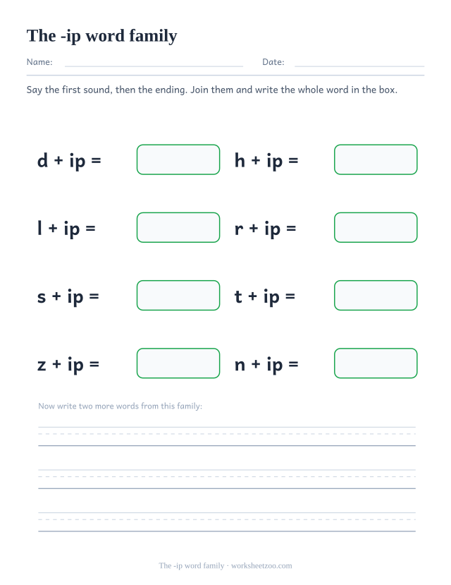 -ip word family worksheet, joining d, h, l, r, s, t, z, n to the ending ip to build dip, hip, lip, rip, sip, tip, zip, nip