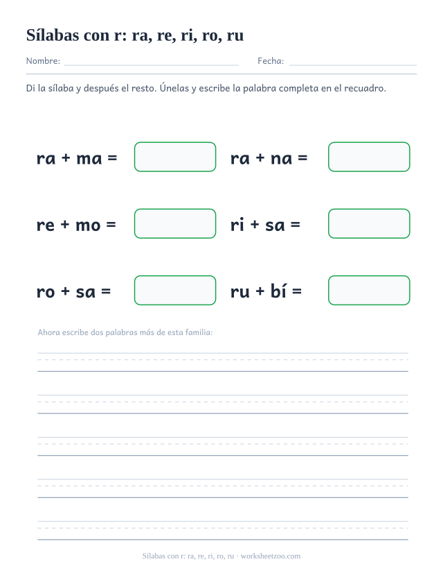 Ficha de sílabas con r: ra, re, ri, ro, ru para unir ra, re, ri, ro, ru con el resto de la palabra y formar rama, rana, remo, risa, rosa, rubí