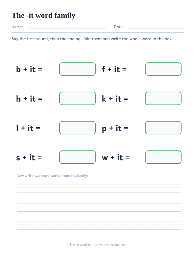 -it word family worksheet, joining b, f, h, k, l, p, s, w to the ending it to build bit, fit, hit, kit, lit, pit, sit, wit