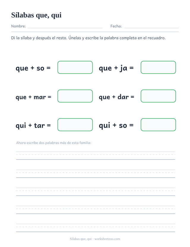 Ficha de sílabas que, qui para unir que, qui con el resto de la palabra y formar queso, queja, quemar, quedar, quitar, quiso