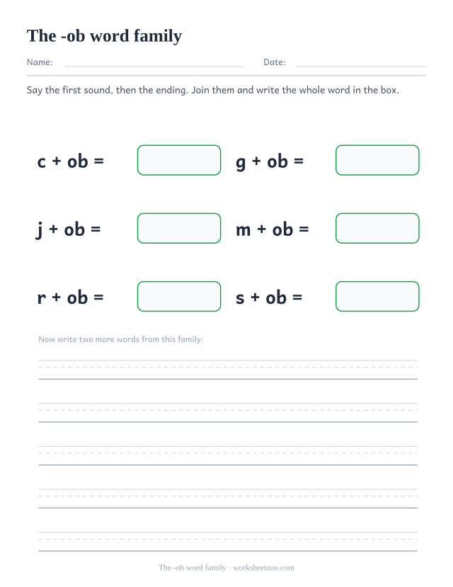 -ob word family worksheet, joining c, g, j, m, r, s to the ending ob to build cob, gob, job, mob, rob, sob