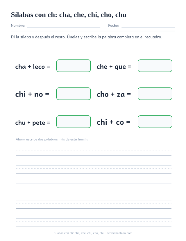 Ficha de sílabas con ch: cha, che, chi, cho, chu para unir cha, che, chi, cho, chu con el resto de la palabra y formar chaleco, cheque, chino, choza, chupete, chico