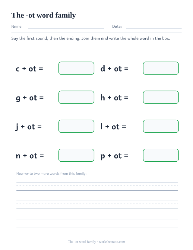 -ot word family worksheet, joining c, d, g, h, j, l, n, p to the ending ot to build cot, dot, got, hot, jot, lot, not, pot