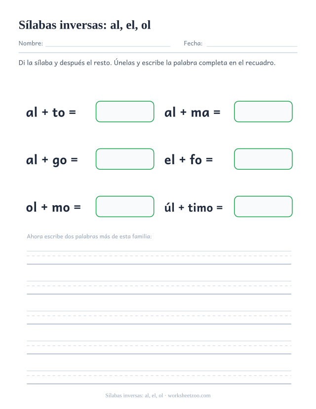 Ficha de sílabas inversas: al, el, ol para unir al, el, ol, úl con el resto de la palabra y formar alto, alma, algo, elfo, olmo, último