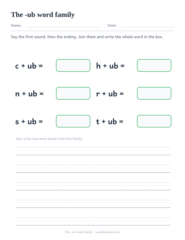 -ub word family worksheet, joining c, h, n, r, s, t to the ending ub to build cub, hub, nub, rub, sub, tub