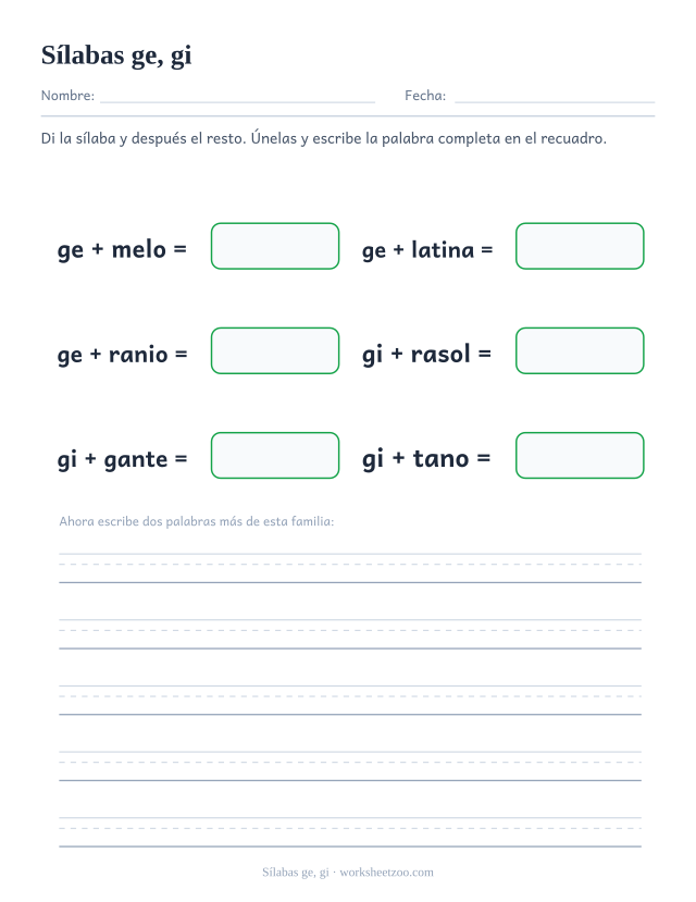 Ficha de sílabas ge, gi para unir ge, gi con el resto de la palabra y formar gemelo, gelatina, geranio, girasol, gigante, gitano