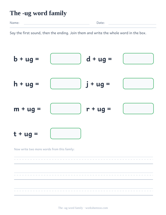 -ug word family worksheet, joining b, d, h, j, m, r, t to the ending ug to build bug, dug, hug, jug, mug, rug, tug