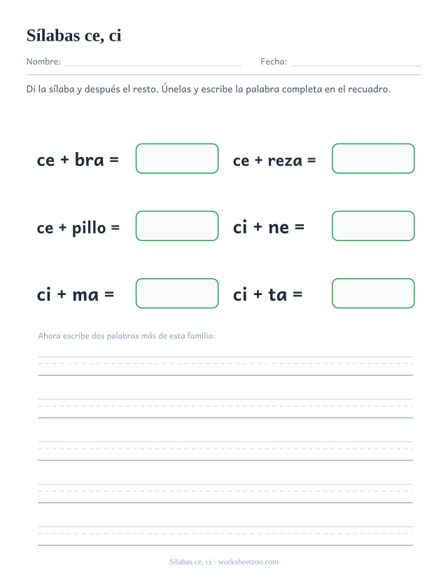 Ficha de sílabas ce, ci para unir ce, ci con el resto de la palabra y formar cebra, cereza, cepillo, cine, cima, cita