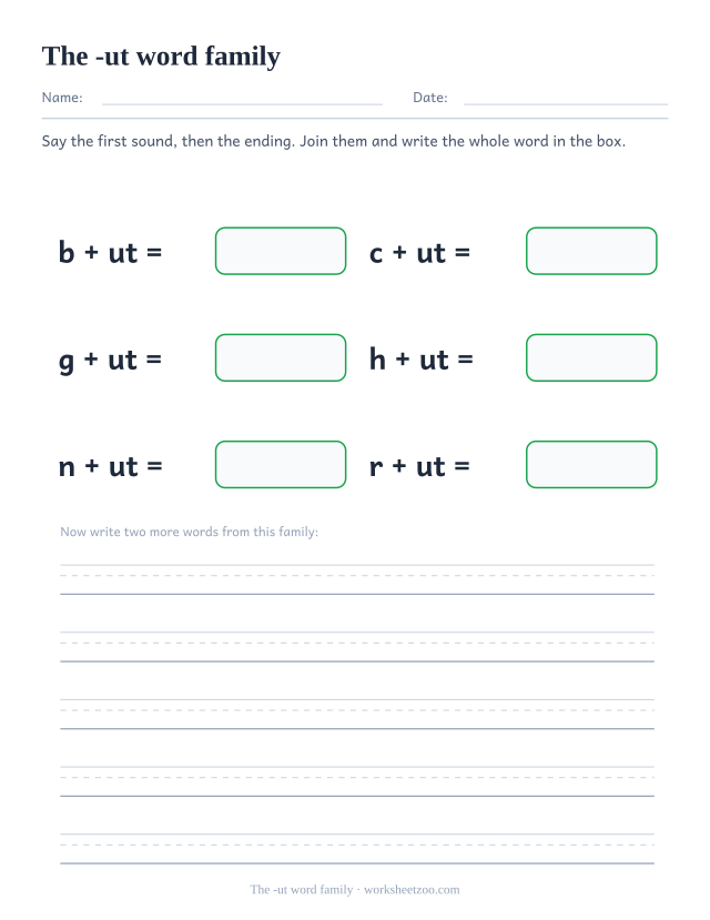 -ut word family worksheet, joining b, c, g, h, n, r to the ending ut to build but, cut, gut, hut, nut, rut
