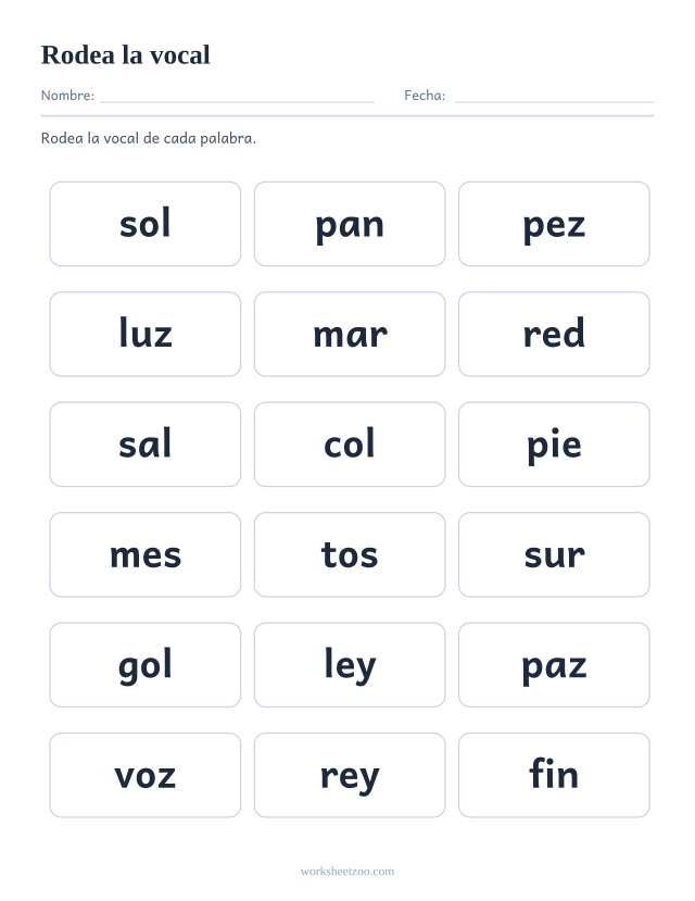 Ficha para rodear la vocal, dieciocho palabras cortas en una cuadrícula de celdas