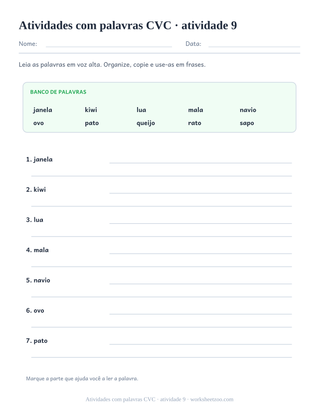 Prévia de Atividades com palavras CVC, atividade 9 para imprimir