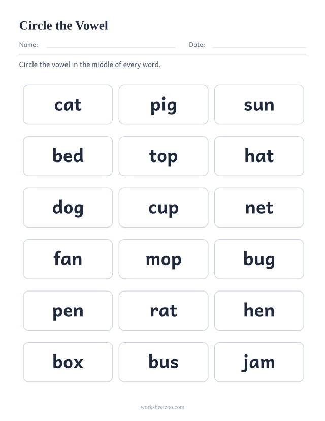 Circle the vowel worksheet, eighteen CVC words in a grid of rounded cells