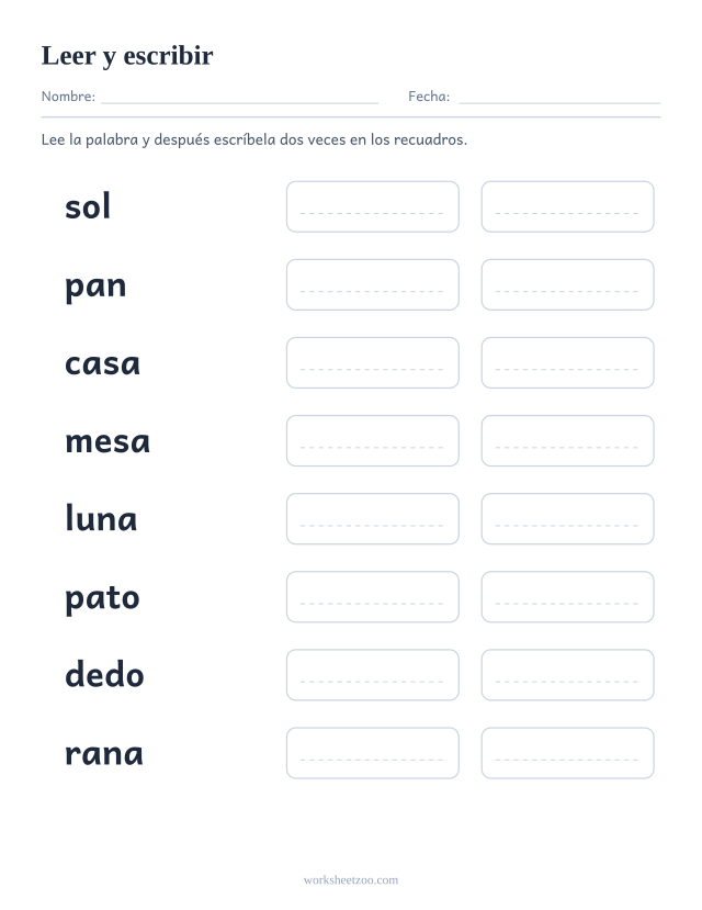 Ficha de leer y escribir, ocho palabras modelo con dos recuadros pautados para copiarlas