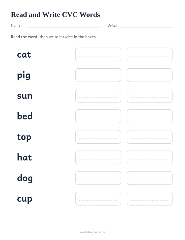 Read and write CVC words worksheet, eight model words with two ruled copy boxes each