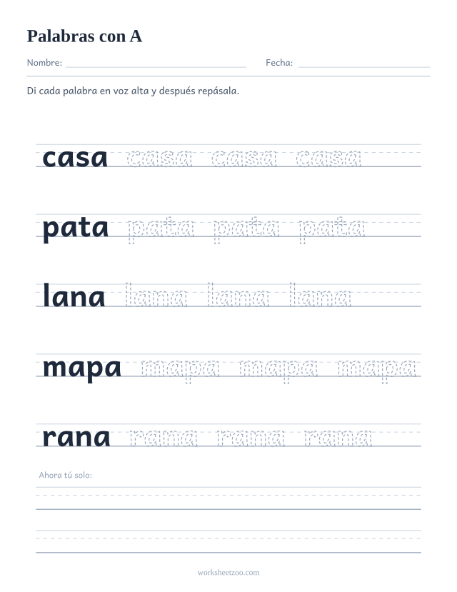 Ficha de palabras con la vocal A para repasar casa, pata, lana, mapa, rana sobre pauta