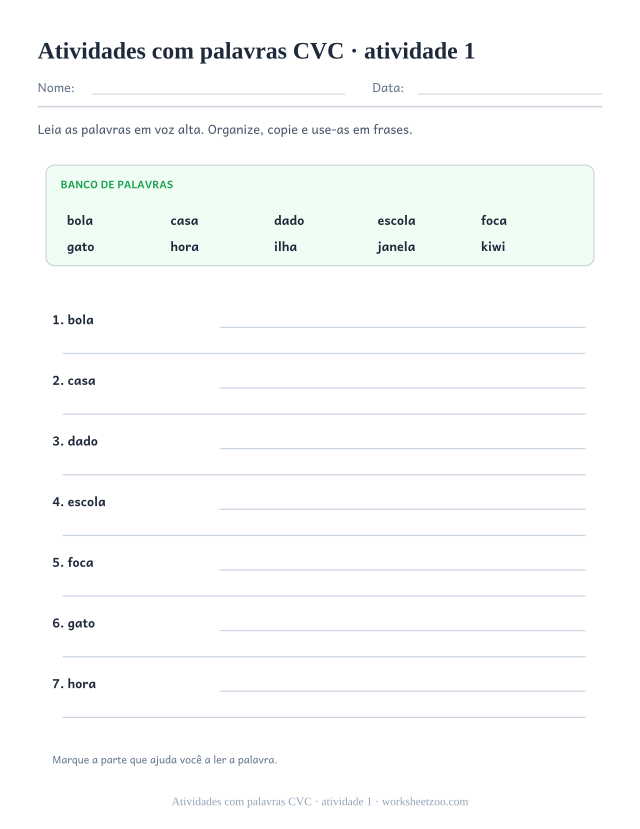 Prévia de Atividades com palavras CVC, atividade 1 para imprimir
