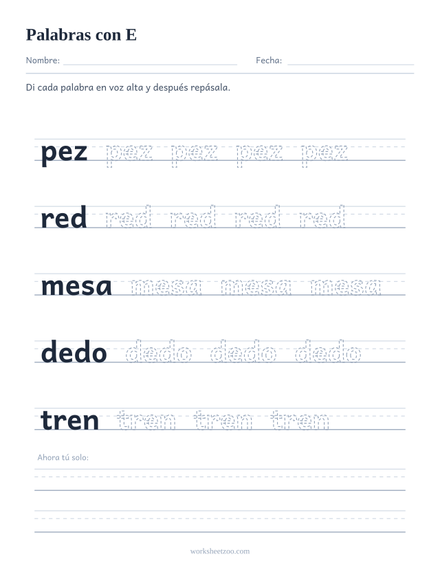 Ficha de palabras con la vocal E para repasar pez, red, mesa, dedo, tren sobre pauta