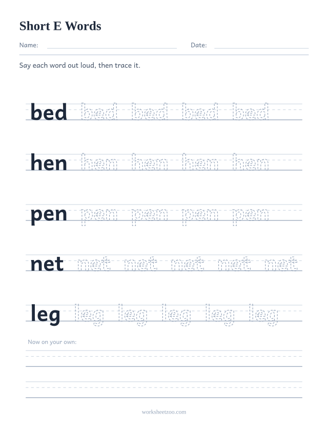 Short E CVC words worksheet, tracing bed, hen, pen, net, leg on handwriting guides