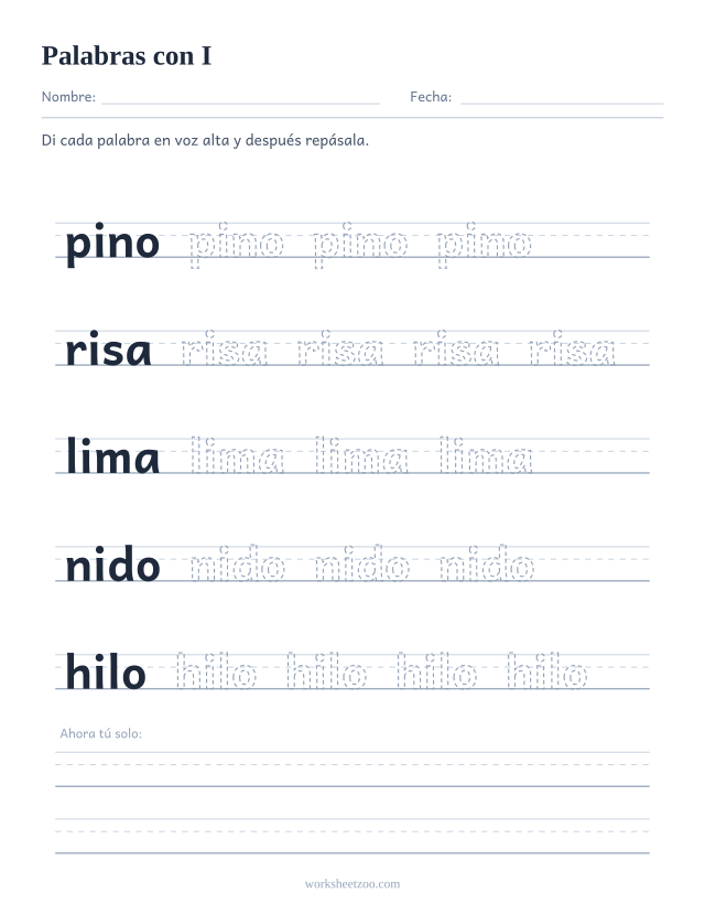 Ficha de palabras con la vocal I para repasar pino, risa, lima, nido, hilo sobre pauta