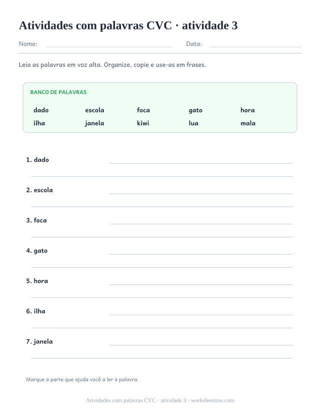 Prévia de Atividades com palavras CVC, atividade 3 para imprimir