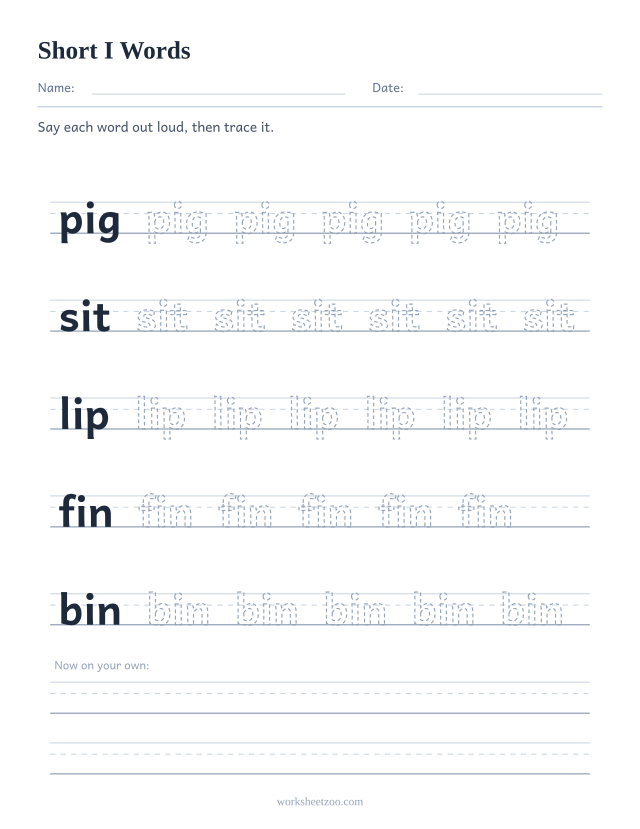 Short I CVC words worksheet, tracing pig, sit, lip, fin, bin on handwriting guides