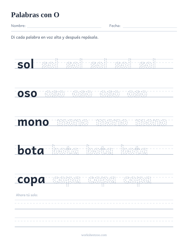 Ficha de palabras con la vocal O para repasar sol, oso, mono, bota, copa sobre pauta