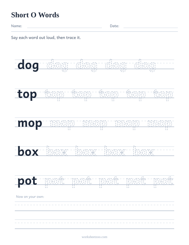 Short O CVC words worksheet, tracing dog, top, mop, box, pot on handwriting guides