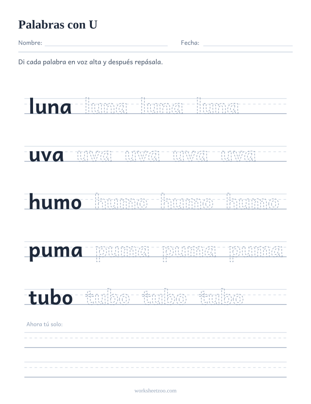 Ficha de palabras con la vocal U para repasar luna, uva, humo, puma, tubo sobre pauta