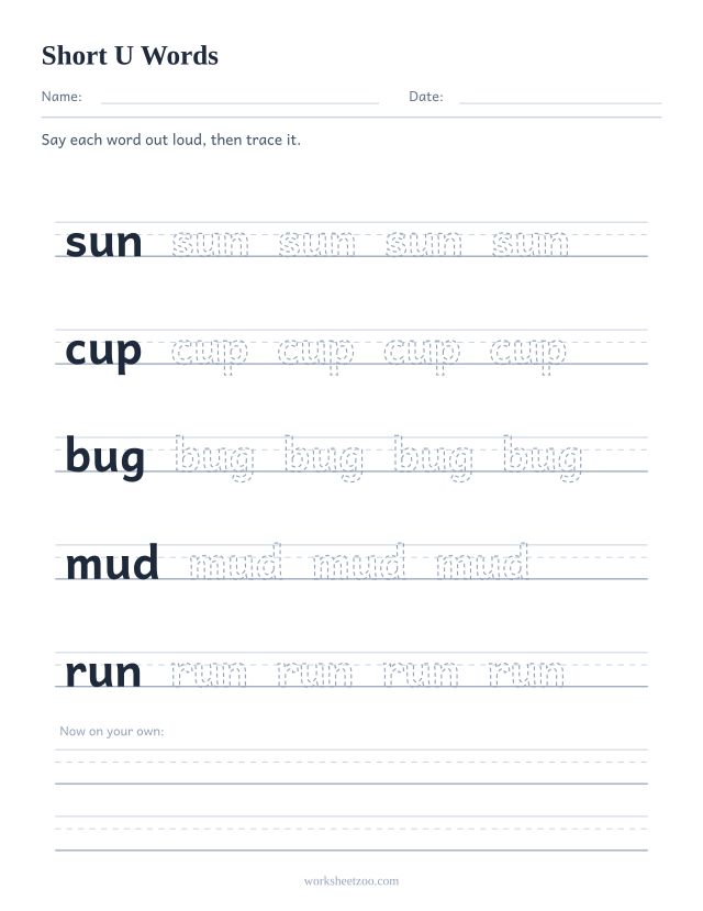 Short U CVC words worksheet, tracing sun, cup, bug, mud, run on handwriting guides