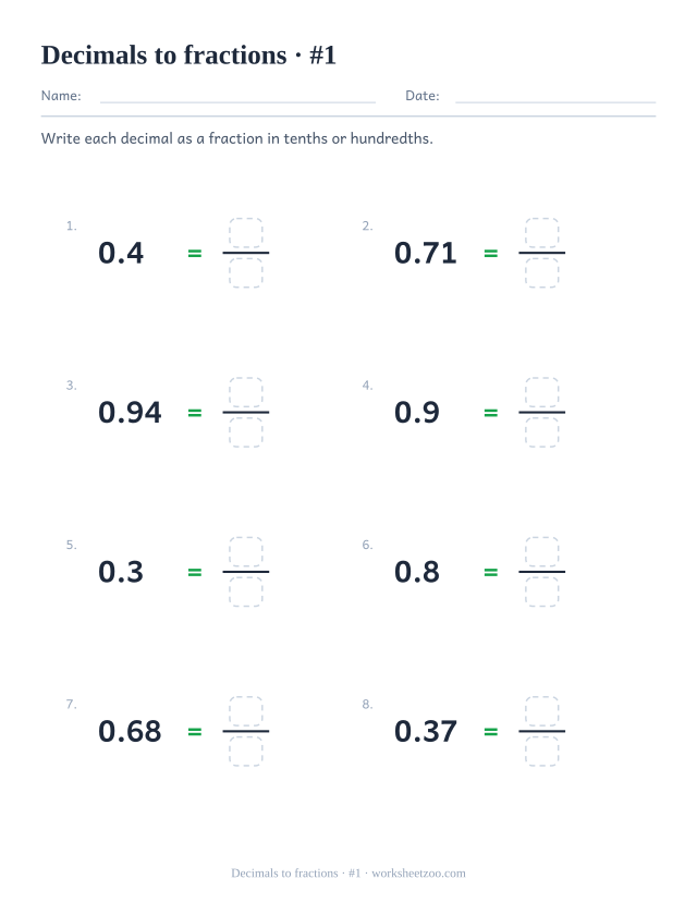 Decimals to fractions worksheet writing each decimal as tenths or hundredths
