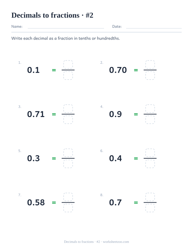 Second decimals to fractions worksheet with two decimal places and a fraction answer
