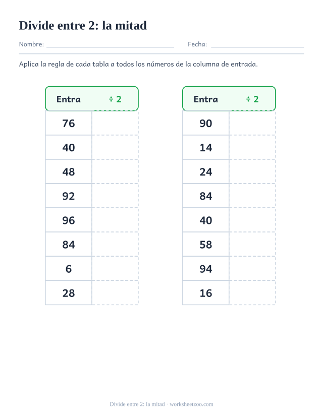 Ficha para hallar la mitad dividiendo entre 2 en una tabla de entrada y salida