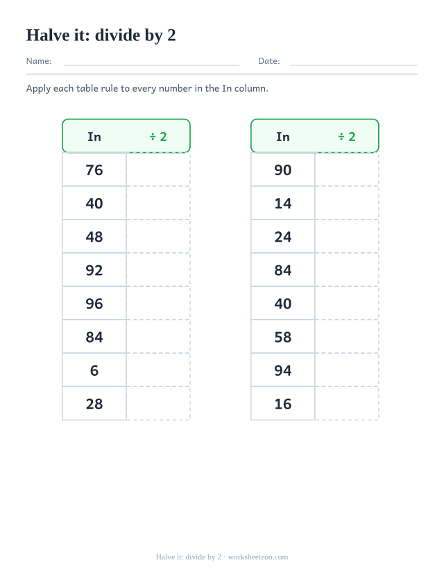 Worksheet for halving numbers by dividing by 2 in an in and out table
