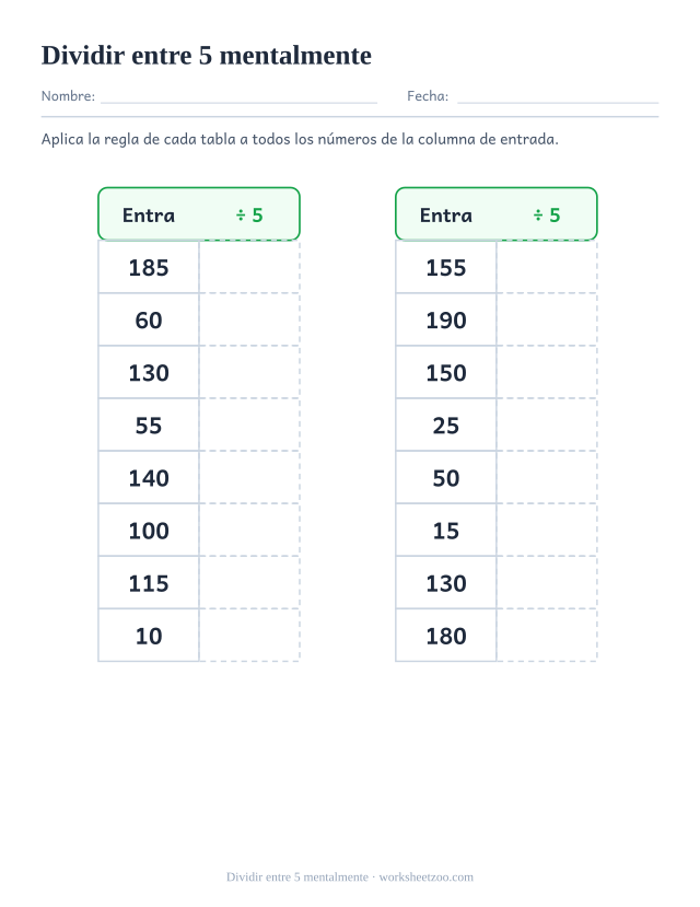 Ficha para dividir entre 5 en una tabla de reglas con dieciséis múltiplos de cinco