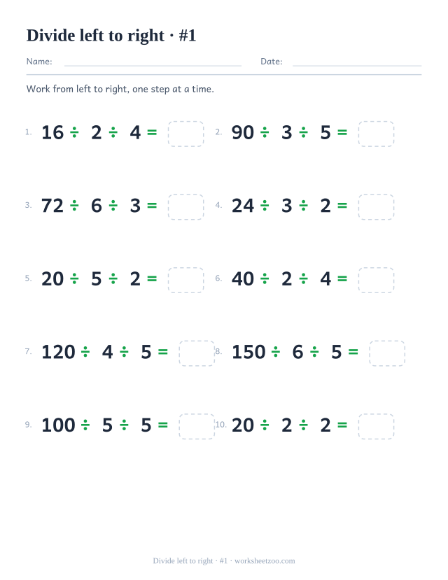 Division chain worksheet dividing twice in a row with small divisors