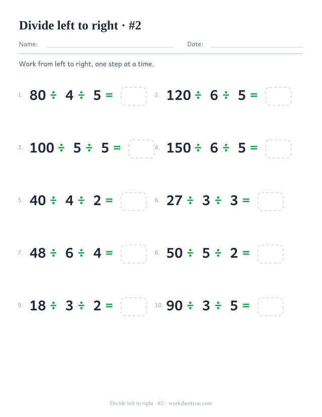 Second division chain worksheet with larger starting dividends and two divisions per line