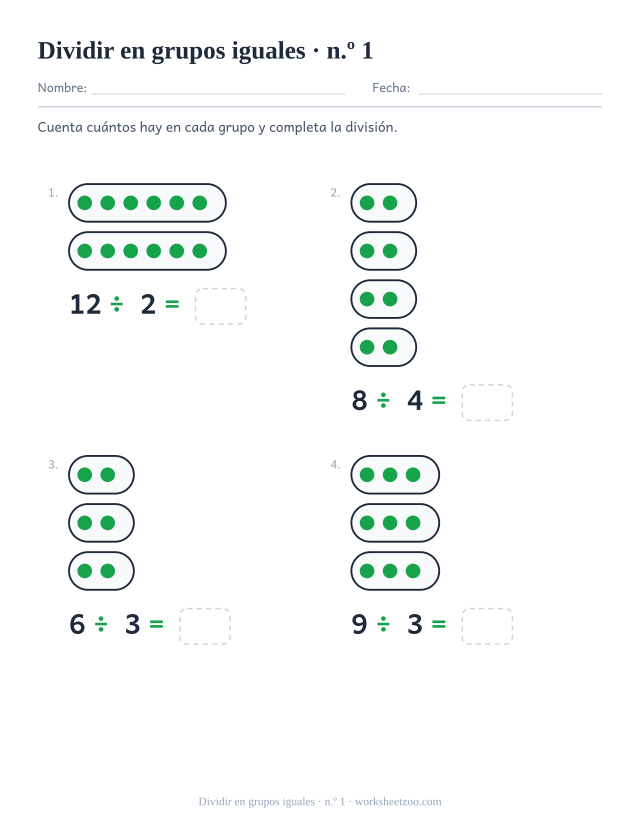 Ficha de divisiones con objetos ya repartidos en grupos iguales para contar y dividir
