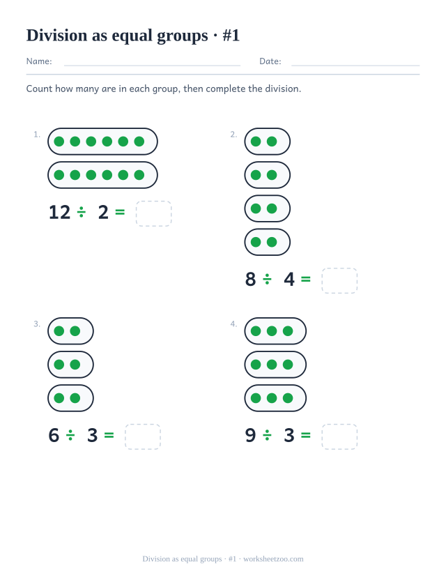 Division worksheet with objects already sorted into equal groups to count and divide