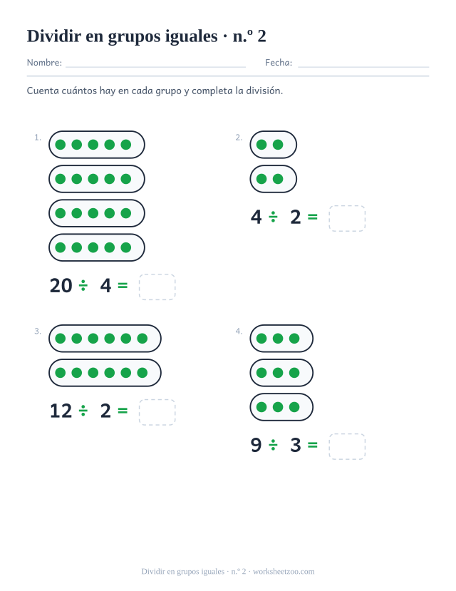 Segunda ficha de dividir en grupos iguales con aros de puntos y una división que completar